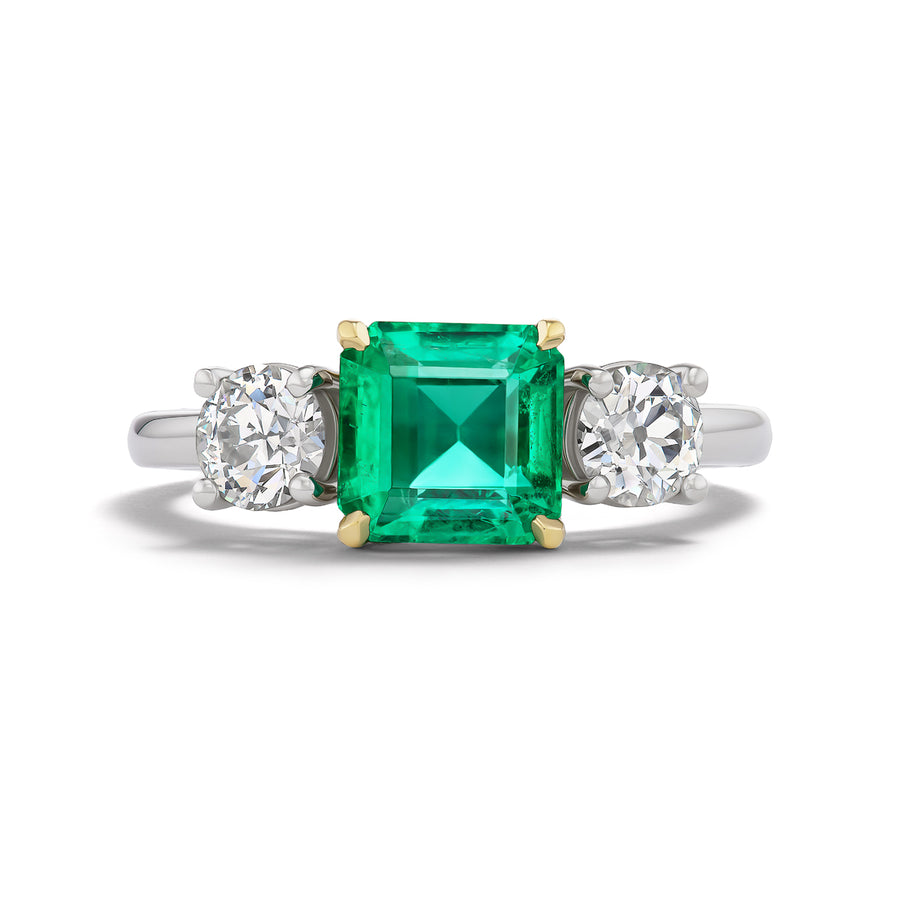 Vintage 1.40 Ct Emerald & Old European Cut Diamond Three-Stone Engagement Ring | GIA