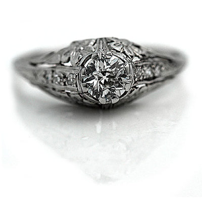 Floral Engraved Platinum Engagement Ring with Side Diamonds