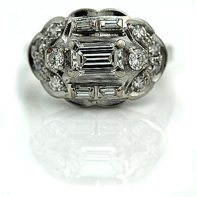 Horizontal Emerald Cut Diamond Engagement Ring - Vintage Diamond Ring