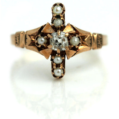 Victorian Mine Cut Diamond & Pearl Engagement Ring - Vintage Diamond Ring