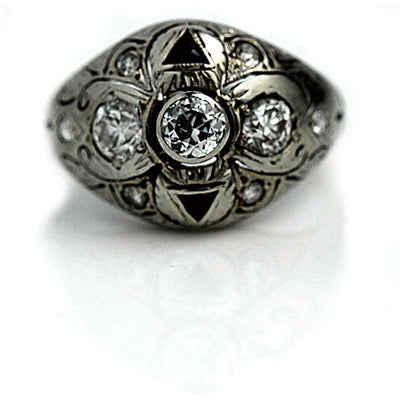 Unique Diamond & Sapphire Dome Engagement Ring - Vintage Diamond Ring