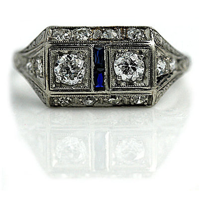 Art Deco Two Diamond & Sapphire Engagement Ring - Vintage Diamond Ring
