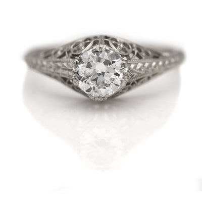 Vintage Solitaire Engagement Ring with Filigree Engravings .86 Ct GIA I/SI1