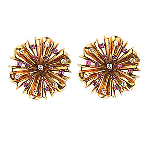 Retro Rose Gold Ruby and Diamond Earrings - Vintage Diamond Ring