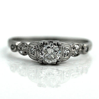 Platinum European Cut Engagement Ring with Side Stones