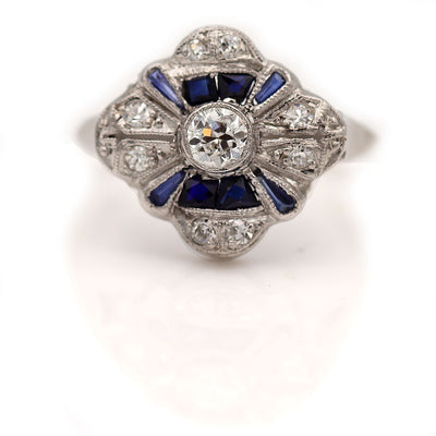 Vintage Bezel Set Diamond & Sapphire Halo Engagement Ring