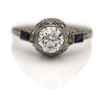 Art Deco Diamond Engagement Ring with Sapphire Side Stones