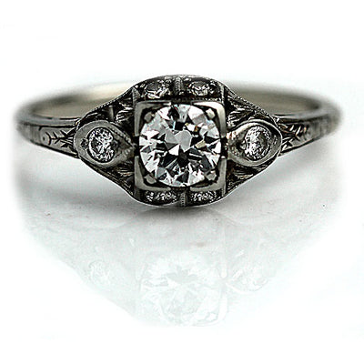 Unique European Cut Diamond Engagement Ring with Side Stones