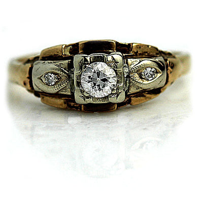 European Cut Diamond Ring with Navette Framed Side Stones