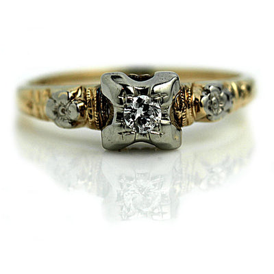 Estate European Cut Diamond Floral Engagement Ring 