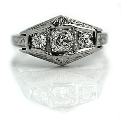 Old Mine Cut Three Stone Diamond Engagement Ring