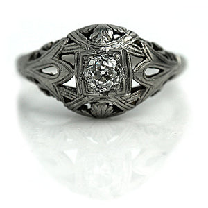 Vintage .30 CTW Open Metal Work Platinum Art Deco Engagement Ring Floral Engravings
