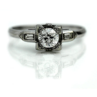 European Cut & Baguette Diamond Engagement Ring Circa 1930s