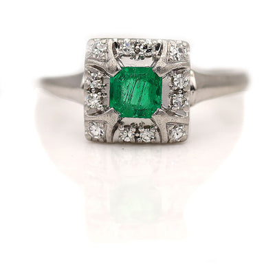 Vintage Emerald & Diamond Halo Engagement Ring