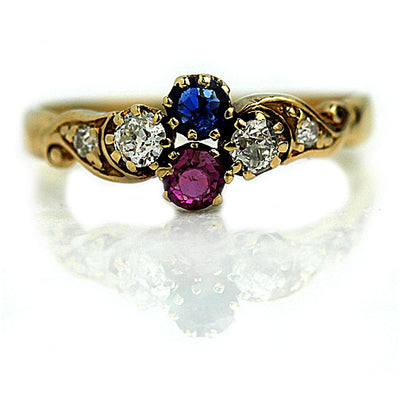 Art Nouveau Sapphire & Mine Cut Diamond Engagement Ring - Vintage Diamond Ring
