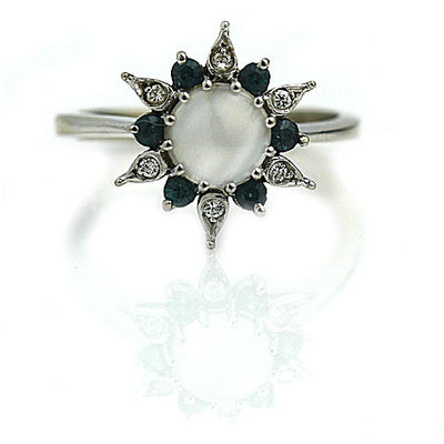 Moonstone & Sapphire Diamond Halo Engagement Ring 