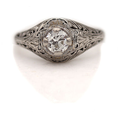 1930s Solitaire Engagement Ring with Filigree Engravings