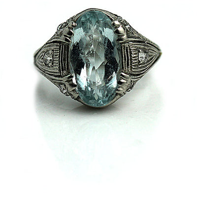 Oval Cut Aquamarine Engagement Ring with Side Diamonds - Vintage Diamond Ring