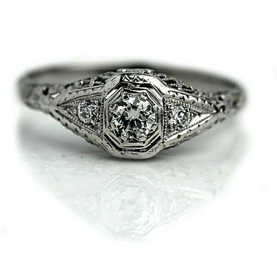 Vintage Engraved Three Stone Diamond Engagement Ring