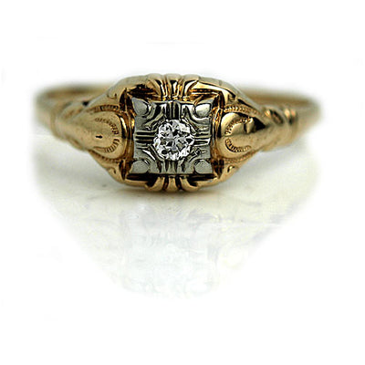 1940's Mid Century Two Tone Diamond Ring with Filigree