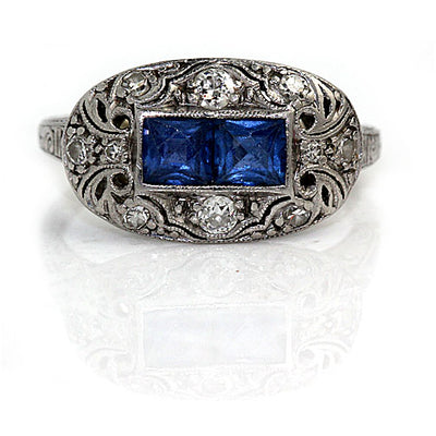 Square Cut Sapphire & Diamond Engagement Ring - Vintage Diamond Ring