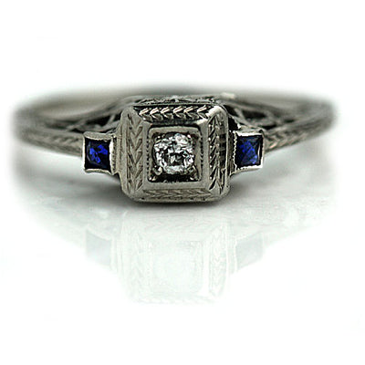 Mine Cut Diamond & Sapphire Filigree Engagement Ring 