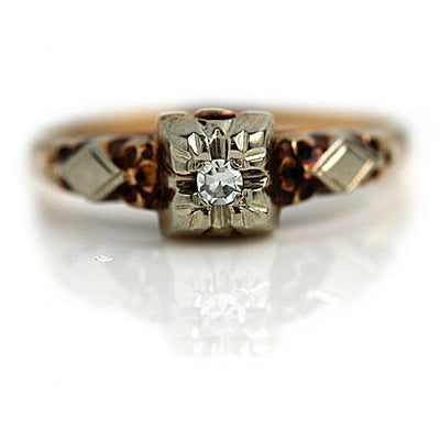 Two Tone Solitaire Engagement Ring with Filigree Engravings
