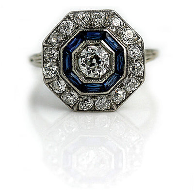 Art Deco Diamond & Sapphire Halo Engagement Ring - Vintage Diamond Ring