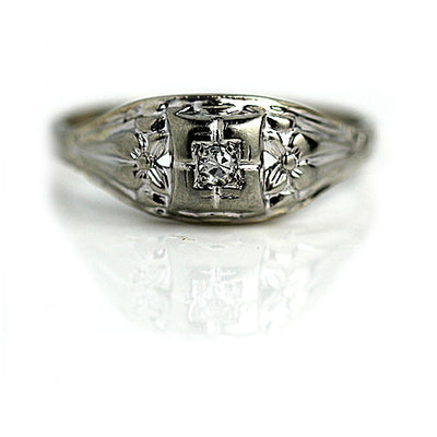 Vintage Floral Solitaire Diamond Engagement Ring