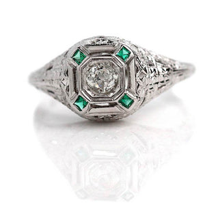 Antique .40 CTW Old Mine Cut Diamond Emerald Engagement Ring