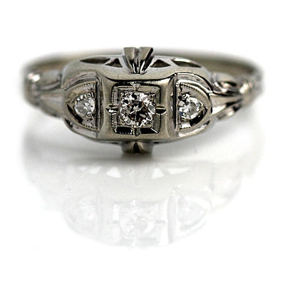 3 Stone European Cut Diamond Engagement Ring