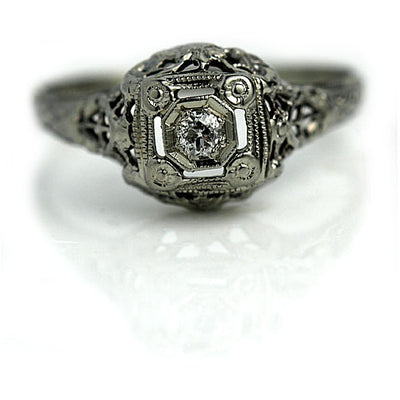 Antique Open Faced Engagement Ring with Side Engravings