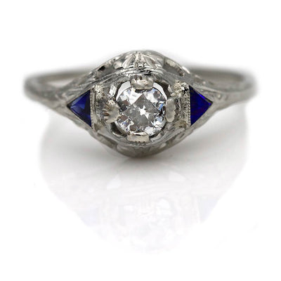 Mine Cut Diamond & Sapphire Engagement Ring