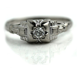 Art Deco .12 CTW Mine Cut Diamond Antique Engagement Ring with Engraved Band