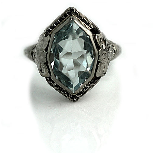 Bezel Set Moval Aquamarine Engagement Ring Vintage Diamond Ring