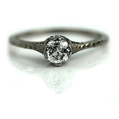 Thin Filigree Band Mine Cut Diamond Engagement Ring 