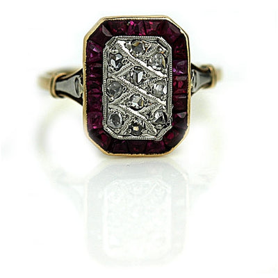 Rose Cut Diamond & French Cut Ruby Engagement Ring - Vintage Diamond Ring