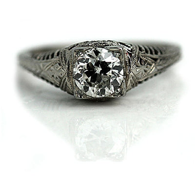Hand Engraved Art Deco Diamond Engagement Ring