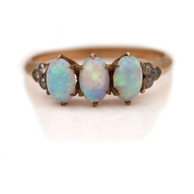 Victorian Three Stone Opal Ring with Rose Cut Diamond Accents
