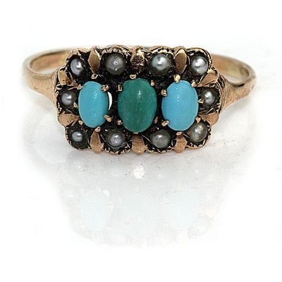 Victorian Turquoise & Pearl Engagement Ring - Vintage Diamond Ring