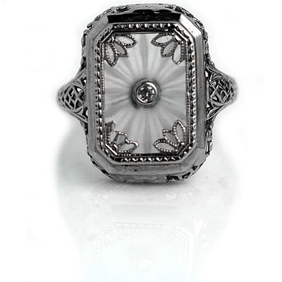 Frosted Quartz & Diamond Engagement Ring - Vintage Diamond Ring