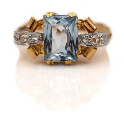 1940s Retro Blue Topaz & Rose Cut Diamond Engagement Ring