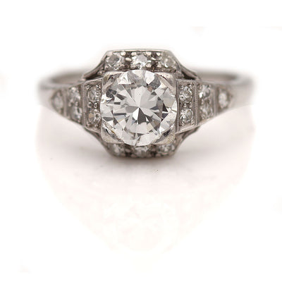 Art Deco Platinum Halo Engagement Ring with Side Tiered Diamonds 1.01 Ct
