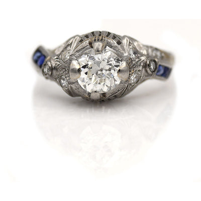 European Cut Diamond & Square Cut Sapphire Engagement Ring - Vintage Diamond Ring