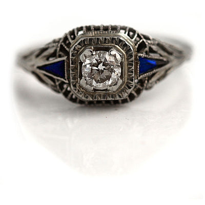 Diamond & Sapphire Floral Engagement Ring - Vintage Diamond Ring