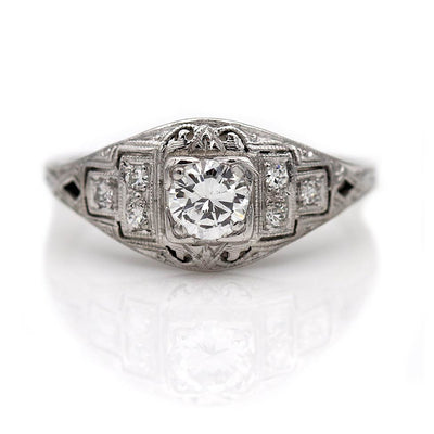 Transitional Cut Engraved Diamond Engagement Ring
