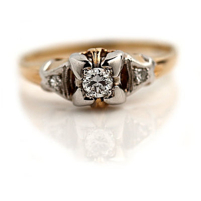 1940s Two Tone Diamond Engagement Ring with Side Stones
