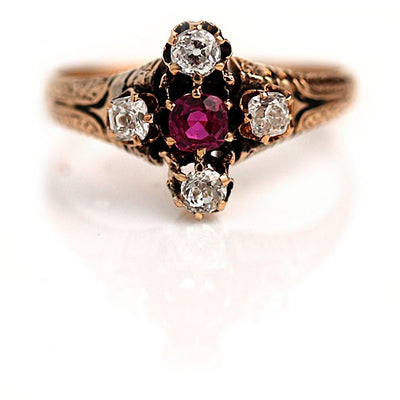 Burma Ruby & Old Mine Cut Diamond Engagement Ring - Vintage Diamond Ring