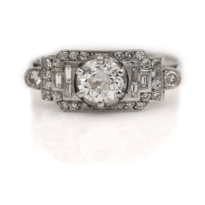 Art Deco Old European Cut Baguette Diamond Engagement Ring - Vintage Diamond Ring