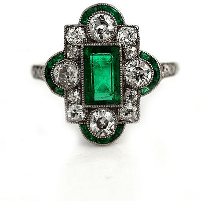 Emerald & Diamond Halo Engagement Ring - Vintage Diamond Ring